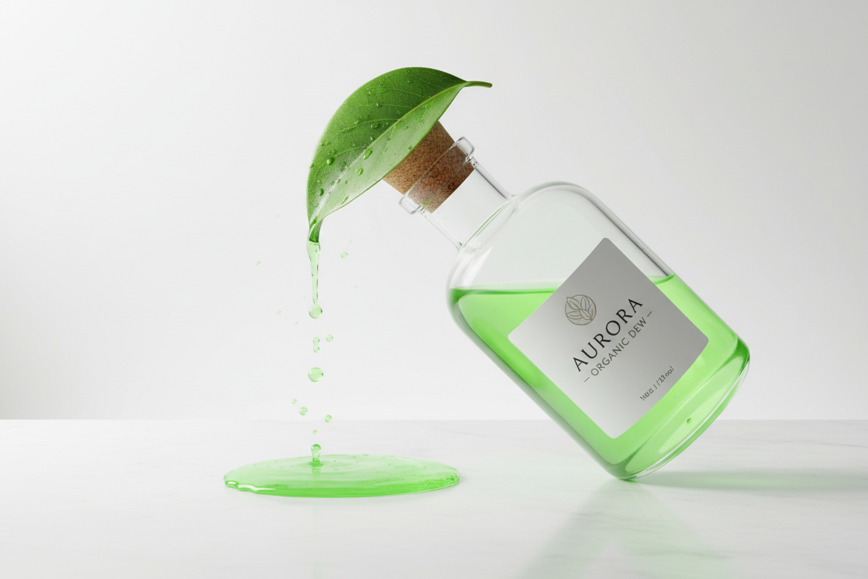 Una boccetta di vetro trasparente inclinata su una superficie bianca con etichetta Aurora Organic Dew, da cui gocciola un liquido verde da una foglia inserita nel tappo di sughero.
