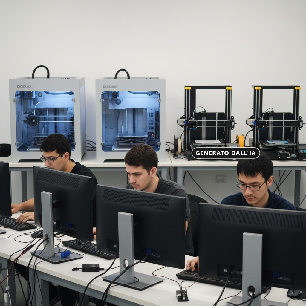 Generato da IA: Tre studenti lavorano ai computer in un laboratorio con stampanti 3D sullo sfondo.